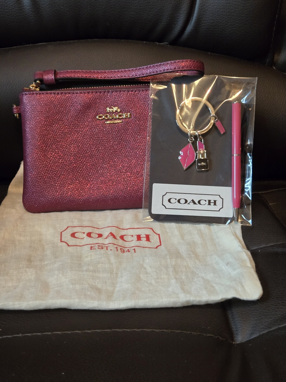 COACH Metallic Raspberry Wristlet And COACH KEYRING AND PEN And Dusty!